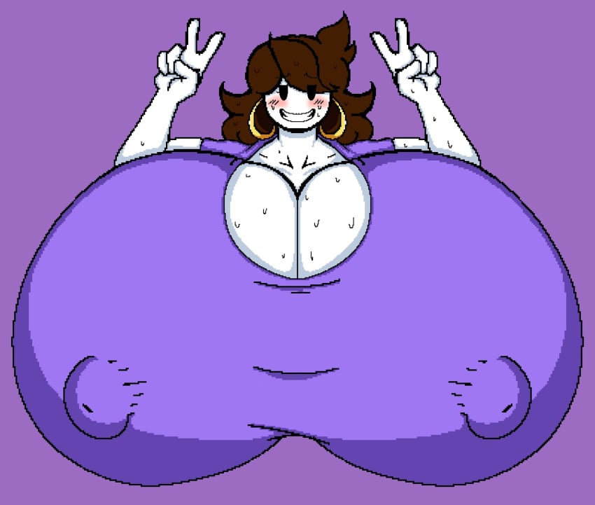 aged_up blush breasts breasts_bigger_than_head brown_hair double_v earrings erect_nipples erect_nipples_under_clothes gigantic_breasts grin huge_breasts huge_breasts hyper_breasts jaiden jaiden_animations looking_at_viewer massive_breasts massive_tits milf mommy naughty_smile prismal_dynamo purple_shirt shirt smile