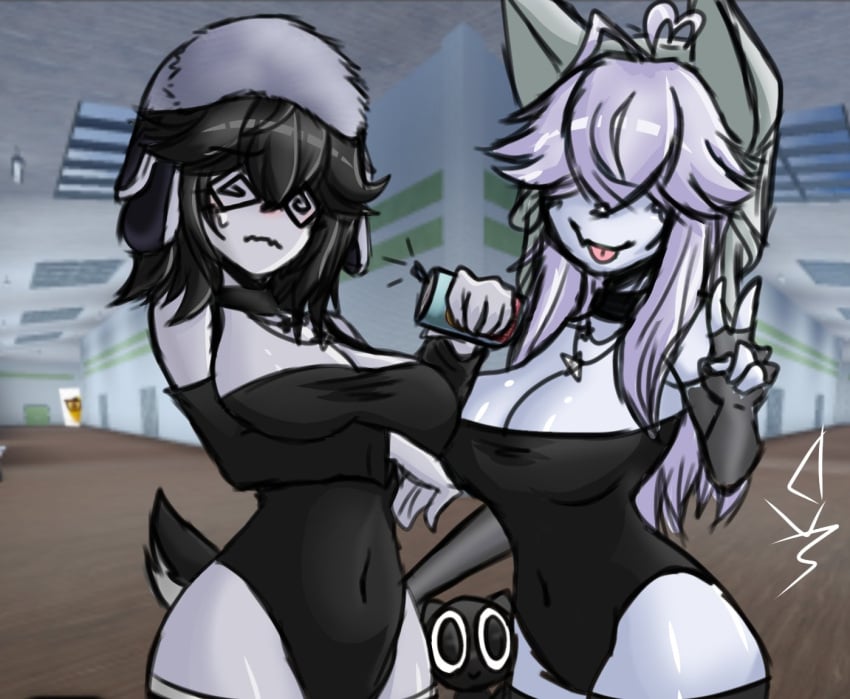 2girls 3d_background animal_tail breasts cleavage clothing evade female female_only leotard long_hair roblox roblox_avatar roblox_background roblox_game robloxian short_hair spindilxyt standing tagme v_sign white_skin