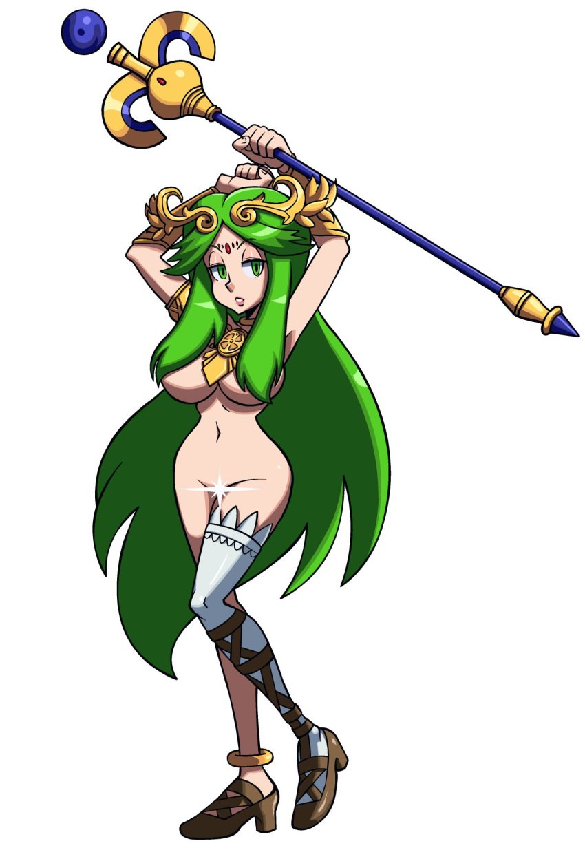 2d 2d_(artwork) artstyle_imitation ass big_breasts bracelet bracelets breasts censored censored_pussy commission completely_nude completely_nude_female female female_focus female_only green_hair green_hair_female hair_over_breasts hair_over_nipples headwear heels hourglass_figure hourglass_figured_female huge_breasts kid_icarus kid_icarus_uprising long_hair looking_at_viewer neckwear niboonskull nude nude_female open_mouth palutena skullgirls solo solo_female solo_focus staff voluptuous voluptuous_female