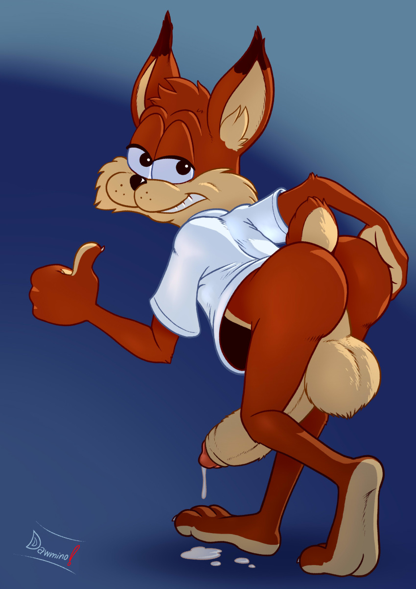 1boy 2015 anthro ass balls big_balls bubsy dawmino erection feline huge_balls huge_cock lynx male male_only mammal penis smile solo