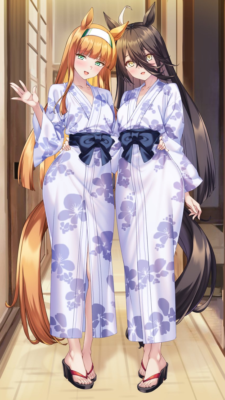 2024 2girls ahoge animal_ears background bangs black_hair blush collarbone corridor dress feet female female_only full_body green_eyes hair_between_eyes hairband hand_on_waist high_heels highres hugging indoors japanese_clothes kemonomimi light-skinned_female light_skin long_hair looking_at_viewer manhattan_cafe_(umamusume) merufena open_mouth open_shoes open_smile orange_hair silence_suzuka_(umamusume) smile standing tail umamusume umamusume_pretty_derby waist waist_hug waving_at_viewer yellow_eyes