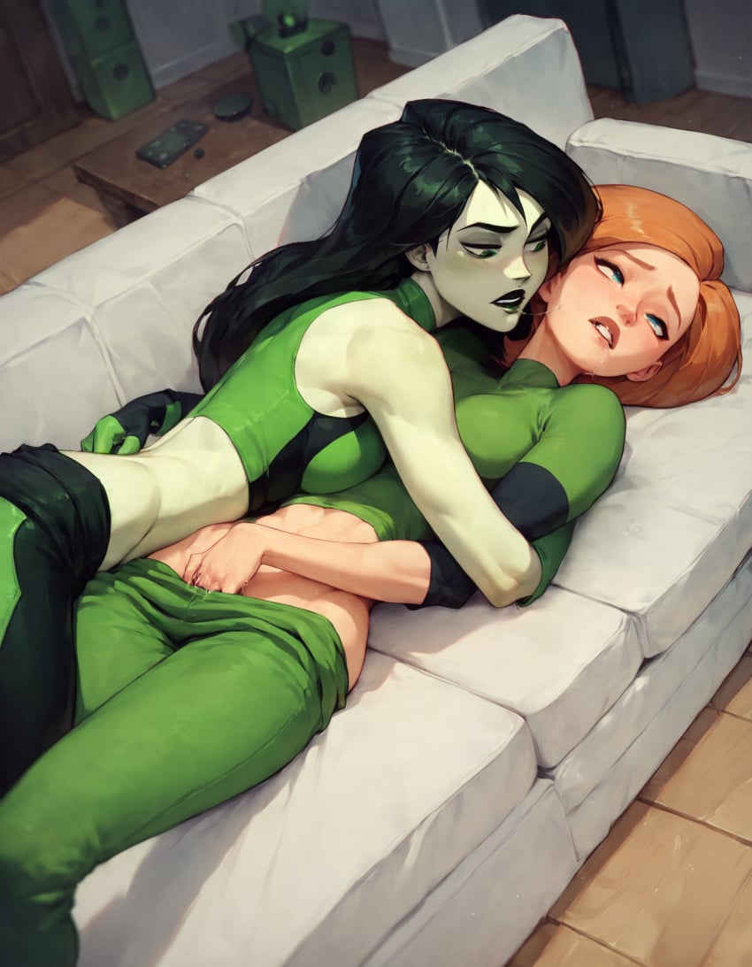 2girls after_kiss ai_generated ann_possible blush breast_press cheating cheating_wife clothed clothing cum dominant female female_orgasm femdom fingering gloves gothic hand_in_pants hug kim_possible lipstick long_hair looking_at_another lying masturbation milf on_couch orgasm pale_skin pants pants_down pants_pull pussy_juice red_hair rtxfus rtxfus34 saliva saliva_string saliva_trail shego short_hair teasing tight_clothing yuri
