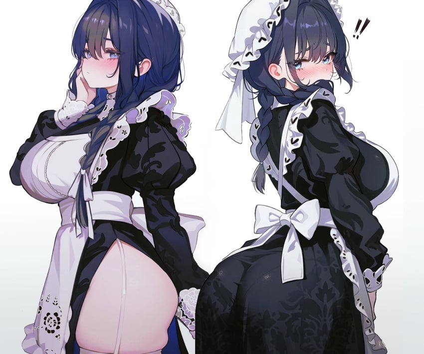 1girls ass big_breasts blue_eyes blue_hair blush braided_hair breasts clothed ear_blush embarrassed eyelashes female female_only frilled_dress garter_belt garter_straps highres hips hololive hololive_english hololive_english_-council- hololive_english_-promise- koahri large_breasts legwear light-skinned_female light_skin long_hair looking_at_viewer looking_back maid maid_headdress maid_outfit maid_uniform ouro_kronii pout pouting pouty_lips skindentation solo thick_thighs thighhighs thighs twin_braids uniform virtual_youtuber wide_hips