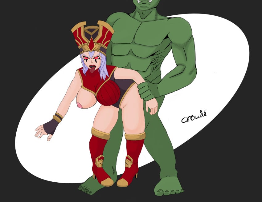1boy 1girls bent_over big_breasts blizzard_entertainment female green_skin human human_(world_of_warcraft) interspecies light-skinned_female light_skin male orc orc_(warcraft) sally_whitemane sex warcraft white_hair world_of_warcraft
