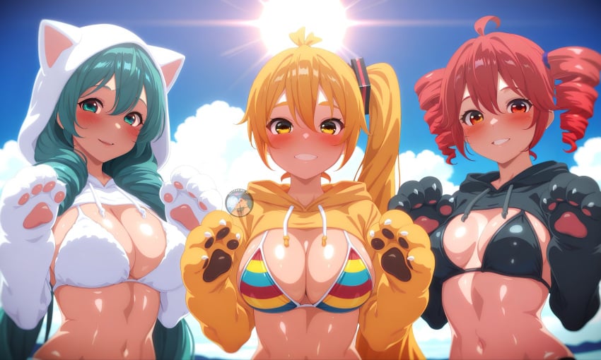 3girls ai_generated akita_neru bangs bangs_between_eyes bikini blonde_hair blush bra claws cleavage cute cute_expression cute_face cute_girl drill_hair fanloid hair hair_ornament hatsune_miku hoodie illyfurina kasane_teto long_hair looking_at_viewer medium_breasts oiled oiled_skin paws pixai ponytail red_eyes red_hair seducing seduction seductive seductive_body seductive_eyes seductive_gaze seductive_look seductive_mouth seductive_pose seductive_smile shiny_skin smile smiling smiling_at_viewer stable_diffusion teeth teeth_clenched teeth_showing teeth_visible trio trio_female trio_focus triple_baka_(vocaloid) turquoise_eyes turquoise_hair twintails utau vocaloid vocaloid_2 vocaloid_3 vocaloid_4 wet_skin yellow_eyes