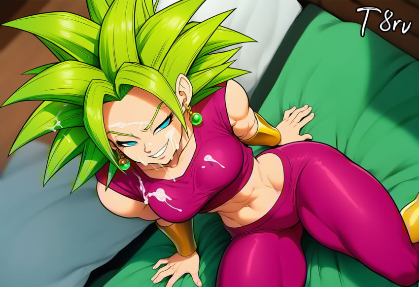 1girls ai_generated cum cum_in_mouth cum_on_face cum_on_hair dragon_ball dragon_ball_super dragon_ball_z facial female green_hair kefla leggings looking_at_viewer looking_up muscular muscular_female narrow_waist pov smile smiling smirk sportswear t8r viewed_from_above wide_hips