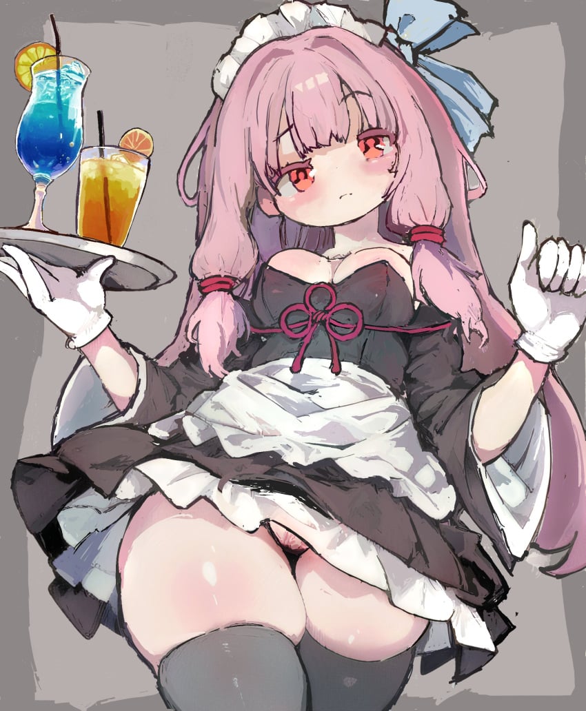 black_thighhighs blush bottomless cute expressionless fruit fruit_slice gigantic_thighs gloves kotonoha_akane medium_breasts no_panties pussy serving_drink skindentation thick_thighs thighhighs thunder_thighs voiceroid white_gloves wide_hips
