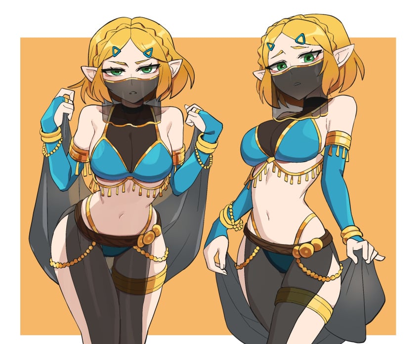 1girls belly_dancer belly_dancer_outfit blonde_hair breasts dancer dancer_outfit female female_focus female_only harem_girl harem_outfit hyyun hyyun_ho large_breasts light-skinned_female light_skin looking_at_viewer princess_zelda solo the_legend_of_zelda thighs wide_hips