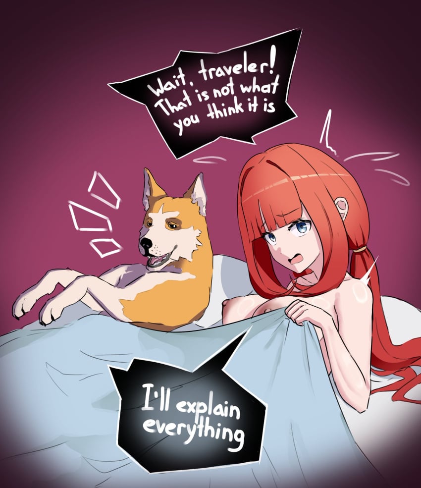 2d bangs bed bedroom canine caught caught_in_the_act caught_off_guard cheating cuck cuckold cuckolding domestic_dog esgarot_iv female_on_feral feral feral_on_female feral_on_human genshin_impact human_on_feral in_bed interspecies light-skinned_female light_skin long_hair medium_breasts netorare nilou_(genshin_impact) nipples pale-skinned_female pale_skin red_hair sheets shocked shocked_expression text zoophilia