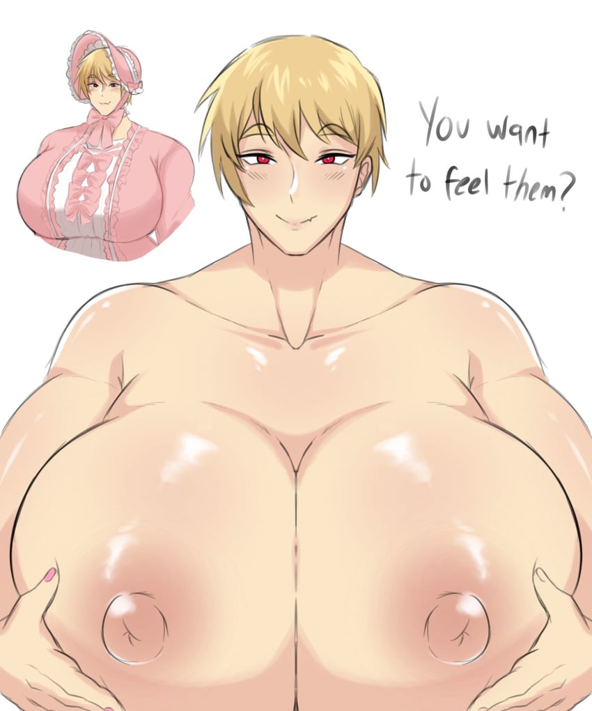 1boy big_breasts blonde_hair blonde_hair_male blonde_male bonnet breasts_out busty busty_boy crossdressing gatocafe12 huge_breasts male male_breasts male_in_dress male_only male_tits male_with_breasts nail_polish nipples original pink_fingernails pink_nipples presenting presenting_breasts red_eyes solo solo_male