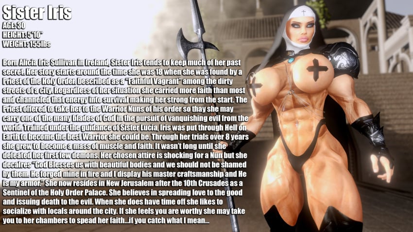 1girls 3d athletic athletic_female big_ass big_breasts big_thighs bimbo breasts breasts_bigger_than_head bust busty curvaceous curvy curvy_figure female hips huge_ass huge_breasts irish large_ass large_breasts light-skinned_female light_skin mature mature_female muscular muscular_female nun original original_character sevenarts sevenverse sister_iris_(sevenarts) slim_waist thesevenartsx thick thick_hips thick_legs thick_thighs thighs voluptuous waist warrior warrior_nun wide_hips