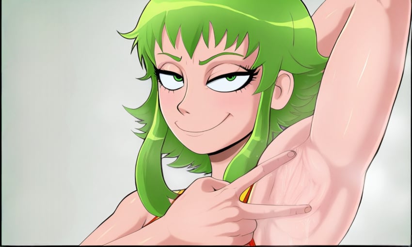 2025 ai_generated armpits arms_up green_eyebrows green_eyes green_hair gumi megpoid_gumi shadman_(style) shadman_homage vampiregurl vampiregurl_(artist) vocaloid