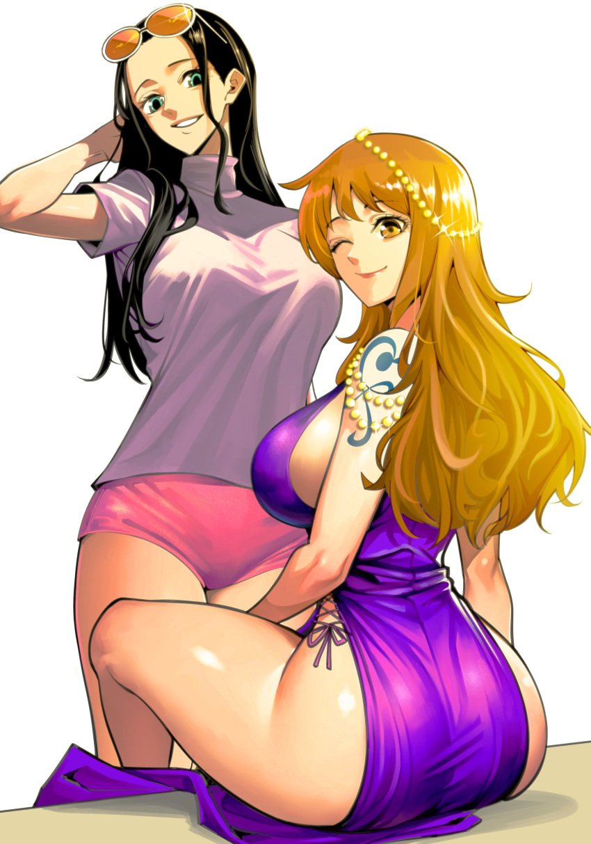 2girls ass big_breasts black_hair blue_eyes busty female light-skinned_female light_skin looking_at_viewer nadainishi nami_(one_piece) nico_robin one_piece orange_eyes orange_hair purple_dress short_shorts shorts sunglasses_on_head tattoo thick_ass thick_thighs wink