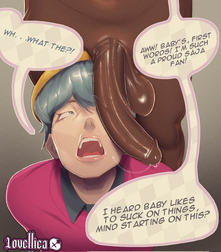 2025 2boys asian asian_male baby_(kpop_demon_hunters) big_penis blue_eyes blue_hair cap collared_shirt dark-skinned_male dark_skin dialogue fan gay imminent_oral imminent_sex kpop_demon_hunters light-skinned_male light_skin looking_at_penis looking_up looking_up_at_penis lovettica open_mouth penis penis_covering_eye penis_on_face penis_over_eye penis_over_one_eye precum precum_on_penis precum_string shirt twink veiny_penis yaoi yellow_cap