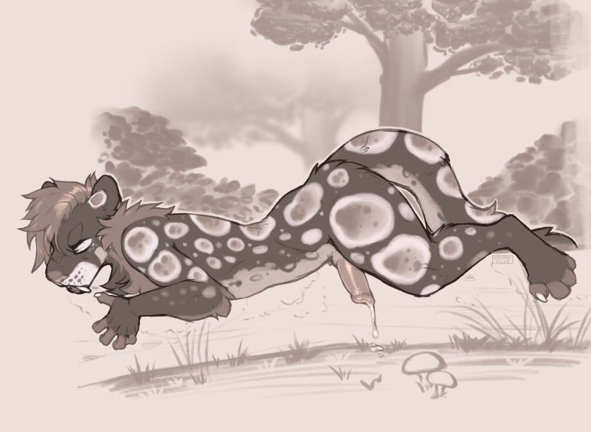 anthro bodily_fluids closed_eyes cum cum_on_ground erection fangs felid genital_fluids hair hi_res lying male mammal markings monochrome nude on_front open_mouth outside plant seraphictiger short_hair shrub side_view solo spots spotted_arms spotted_back spotted_legs spotted_markings spotted_tail tail tail_markings teeth tree
