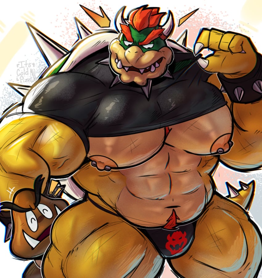1boy abs athletic_anthro athletic_male bara biceps big_biceps big_pecs bowser collar dilf goomba green_skin horns huge_muscles its_coldpizzart male mario_(series) muscles muscular muscular_anthro muscular_male nintendo nipple_piercing nipples older_male orange_hair pecs pectorals pierced_nipples piercings sharp_teeth shell spiked_bracelet spiked_collar spiked_shell spiked_tail spikes spikes_(anatomy) tail thick_thighs yellow_body yellow_skin yellow_tail
