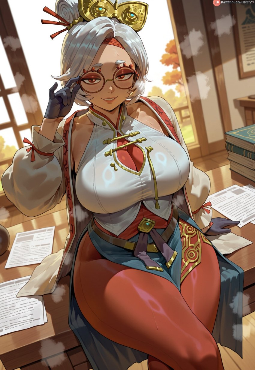 1girls adjusting_glasses ai_generated big_ass big_breasts civitai dug-lith-pls female female_focus female_only gloves headwear large_ass large_breasts looking_at_viewer nintendo paper papers purah purah_(tears_of_the_kingdom) red_glasses round_glasses seductive seductive_eyes seductive_look seductive_smile shexyo_(ai_style) shiny_skin sitting sitting_on_desk solo solo_female solo_focus sweaty tagme tears_of_the_kingdom the_legend_of_zelda thick_ass thick_thighs white_hair