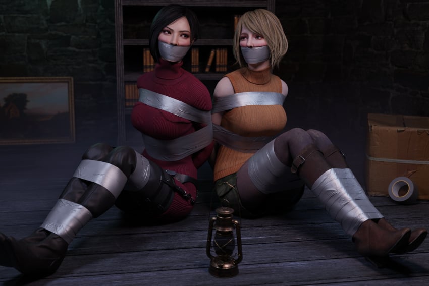 2girls 3d 3d_(artwork) ada_wong ada_wong_(adriana) arms_behind_back ashley_graham ashley_graham_(ella_freya) asian asian_female black_hair bondage bondage bookshelf boots bound defeated defeated_heroine ella_freya female female_focus female_only femsub gag gagged human human_only lantern lord_kamski not_ai_generated resident_evil resident_evil_4 resident_evil_4_remake restrained skirt tape tape_bondage tape_gag taped_mouth