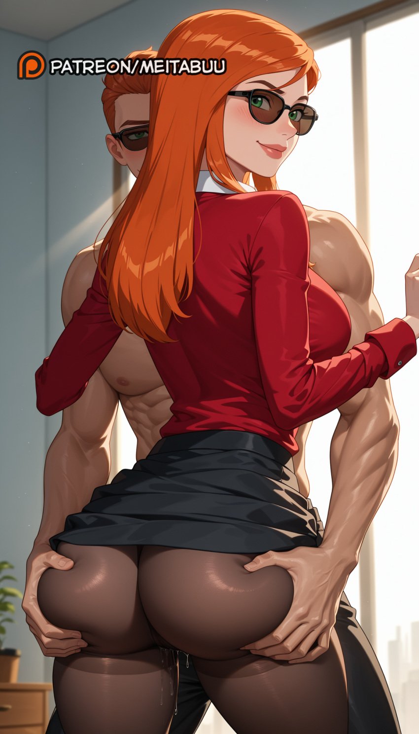 1boy ai_generated ass ass_grab ben_10 black-framed_eyewear black_pants black_skirt blurry blurry_background blush breasts brown_pantyhose closed_mouth clothed_female_nude_male clothes_lift collared_shirt cowboy_shot female from_behind grabbing_from_behind green_eyes gwen_tennyson gwen_tennyson_(classic) hands_on_ass indoors large_breasts lips long_hair long_sleeves looking_at_viewer looking_back looking_over_eyewear male meitabuu muscular muscular_male no_panties nude orange_hair pants pantyhose pencil_skirt plant potted_plant pussy_juice pussy_juice_drip_through_clothes pussy_juice_puddle pussy_juice_trail red_shirt shirt skirt skirt_lift smile standing straight sunglasses thighband_pantyhose tinted_eyewear topless_male window