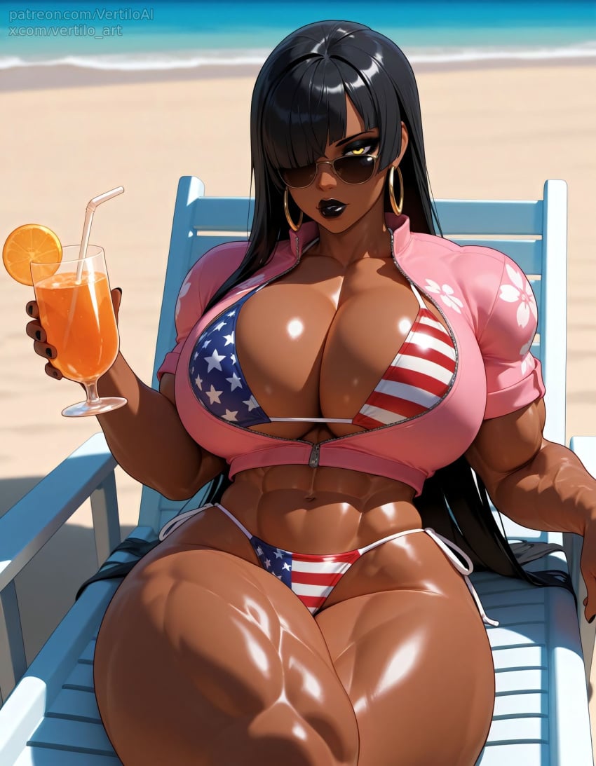 1girls ai_generated american_flag_bikini andressa_(coffee) beach bikini black_lipstick crop_top crossed_legs dark-skinned_female dark_skin female holding_drink huge_breasts jacket muscular_female original original_character sunglasses thick_thighs vertiloart