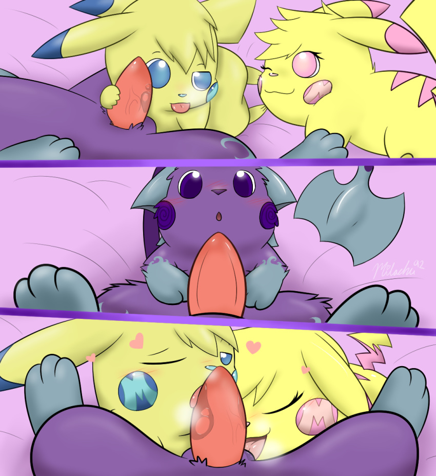 2015 balls blush cute fan_character fellatio female feral group heart licking male milachu milachu92 milochu nintendo one_eye_closed oral penis pikachu pokemon pokemon_(species) raichu sex tongue tongue_out vein video_games wink yaoi