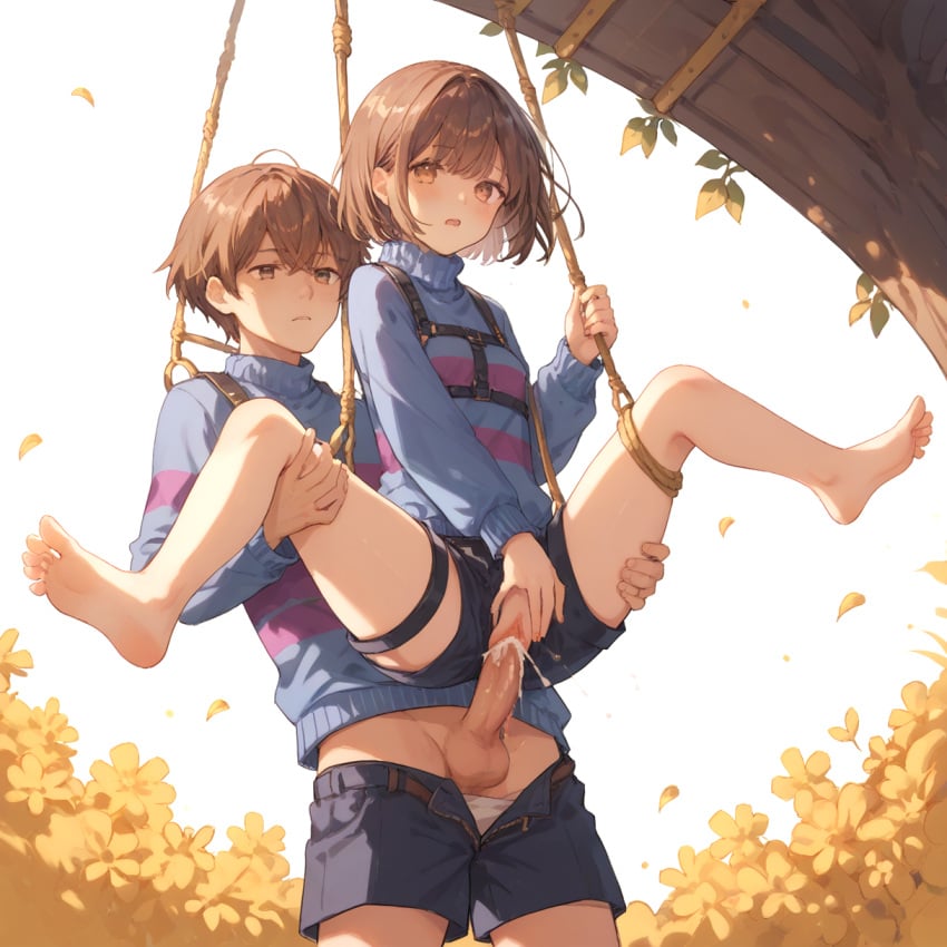 ai ai_generated anime anime_style bare_legs barefoot blue_sweater blush brown_hair bsdm close-up daytime detailed_background dynamic_pose erotichris female female frisk high_quality intimate outdoors playful purple_stripes rope rope_bondage semi-realistic shorts suggestive sunlight swinging_breasts two_boys yellow_flowers