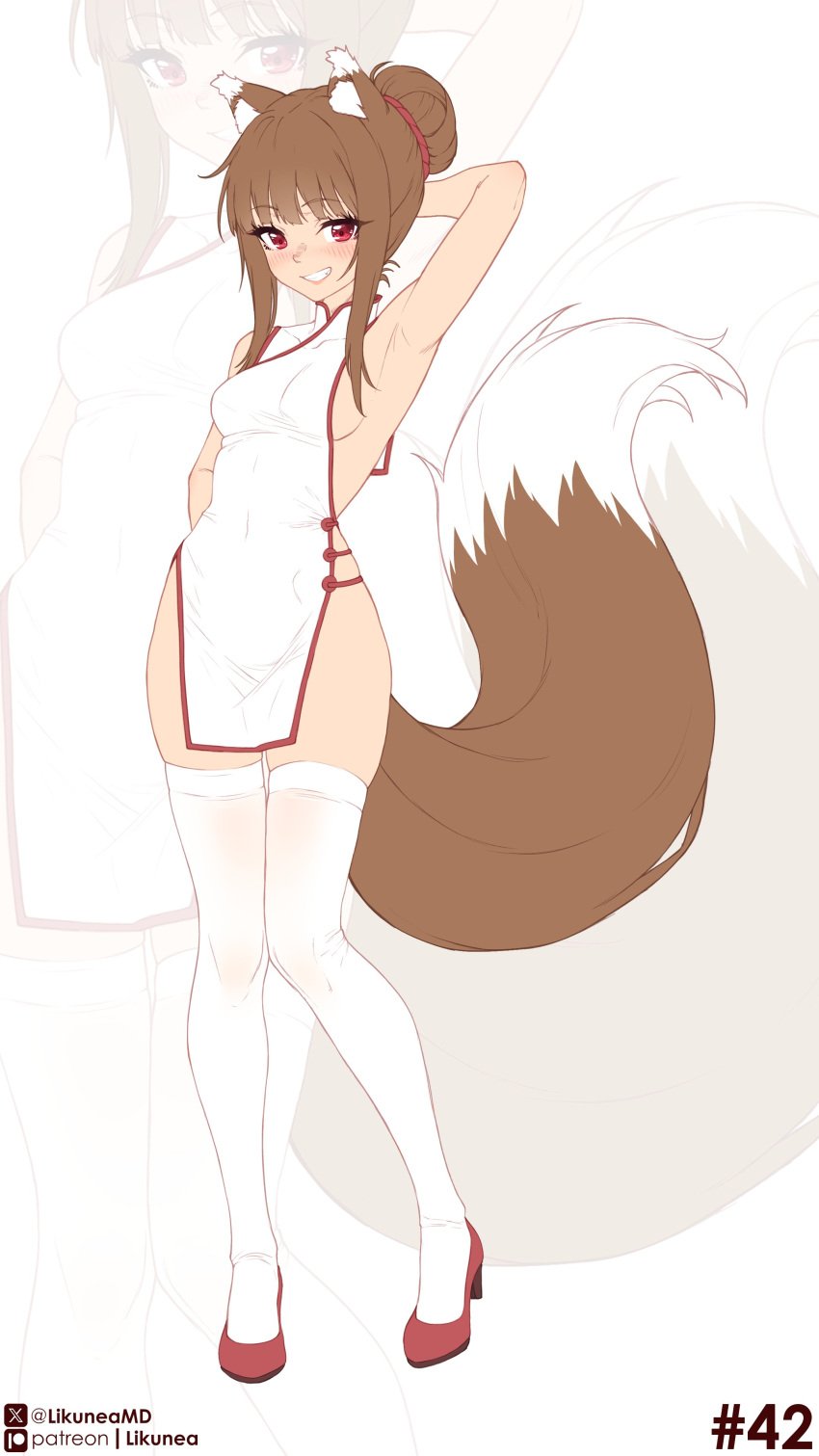 1girls animal_ears animal_tail blush blushing_female brown_hair brown_hair_female chinese_clothes chinese_dress female female female_only fluffy fluffy_tail hime_cut holo kemono kemonomimi likunea looking_at_viewer medium_breasts posing posing_for_the_viewer red_eyes red_eyes_female sideboob smiling sole_female spice_and_wolf tagme tail thighhighs tied_hair white_thighhighs wolf_ears wolf_girl wolf_tail