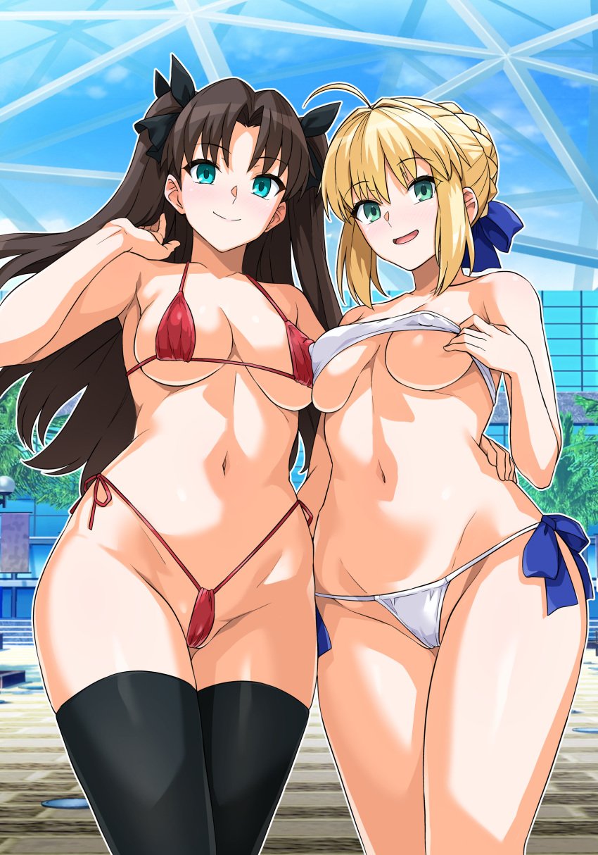 2girls :d absurdres artoria_pendragon big_breasts bikini black_bow black_hair black_thighhighs blonde_hair blue_eyes blue_ribbon blush bow braid breasts cleavage collarbone crown_braid fate/stay_night fate_(series) female female_only green_eyes hair_ribbon hairbow haruhisky highres light-skinned_female long_hair looking_at_viewer medium_breasts multiple_girls navel red_bikini ribbon saber side-tie_bikini_bottom sidelocks smile standing stomach swimsuit thighhighs thighs tohsaka_rin two_side_up underboob very_long_hair white_bikini