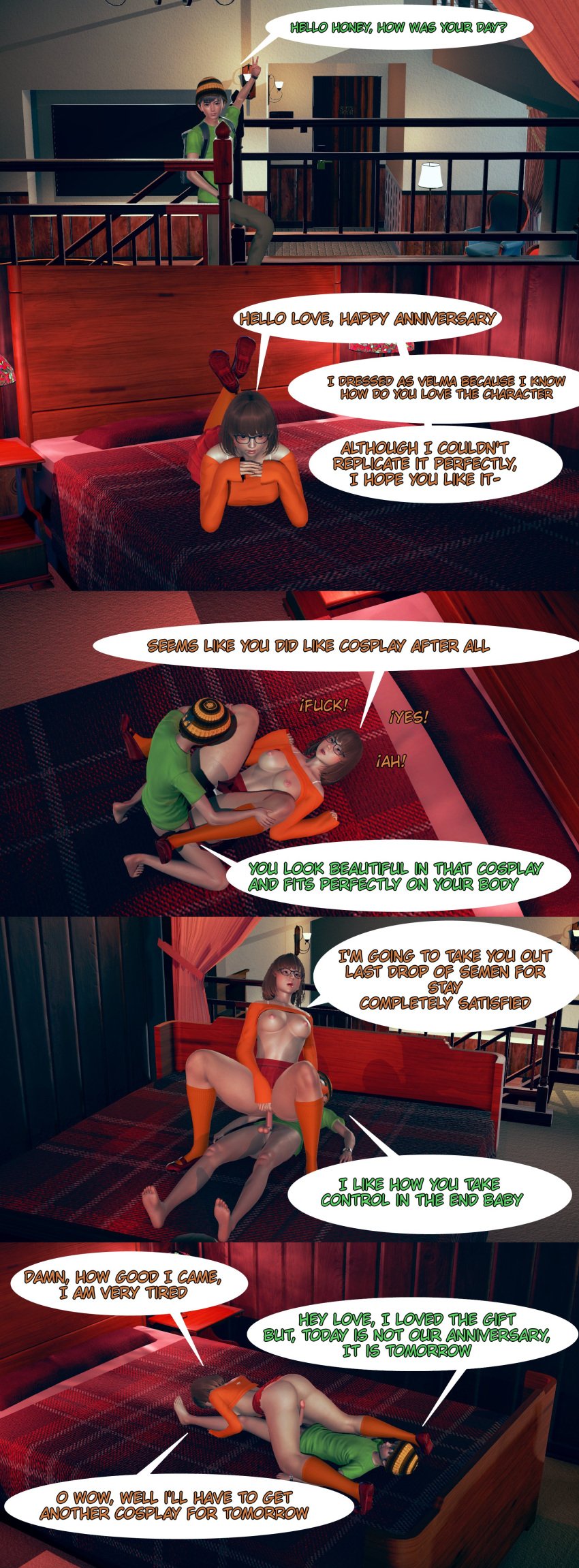 3d big_ass big_breasts big_penis boyfriend english_text girlfriend glasses instant_loss missionary_position pure_lust reverse_cowgirl_position text tired velma_dinkley_(cosplay)