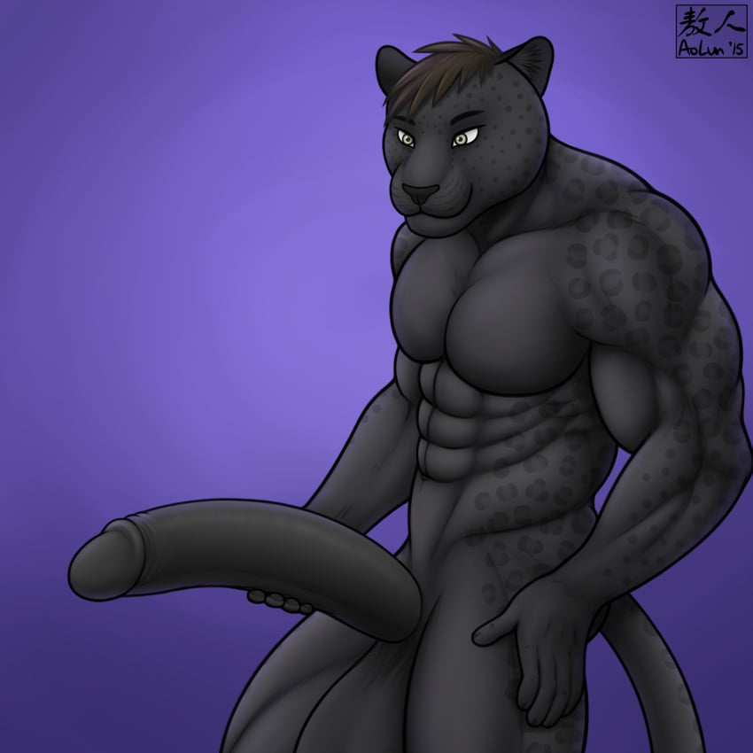 2015 abs anthro aolun balls biceps big_balls big_penis black_fur black_panther black_penis brown_hair feline fur furry furry_only green_eyes hair huge_cock humanoid_penis hyper hyper_penis leopard long_penis male male_only mammal markings muscles nude panther pecs penis solo spots toned