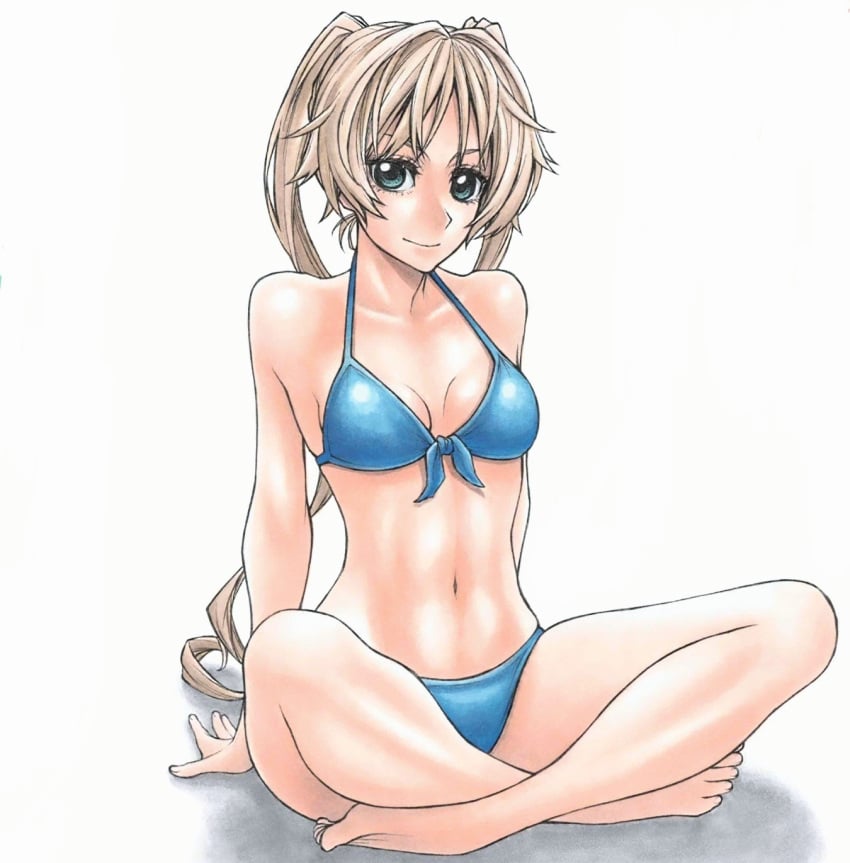 angelica_diarmuit barefoot bikini blonde_hair blue_bikini closed_mouth crossed_legs female green_eyes long_hair looking_at_viewer navel ogino_ken shadow shinmai_ossan_bokensha shinmai_ossan_boukensha,_saikyou_party_ni_shinu_hodo_kitaerarete_muteki_ni_naru. simple_background sitting smile solo swimsuit twintails very_long_hair white_background