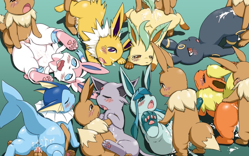 ass balls black_fur black_nose blue_eyes blue_fur blush brown_eyes brown_fur canine closed_eyes cum cum_in_mouth cum_inside cum_on_face cute edit eevee eeveelution erection espeon female feral_on_feral flareon fur glaceon group group_sex inside jolteon koorinezumi leafeon male mammal nintendo paws penetration penis plain_background pokemon pokemon_(species) purple_eyes purple_fur pussy sex smile straight sylveon tears tongue tuft umbreon vaginal_penetration vaporeon