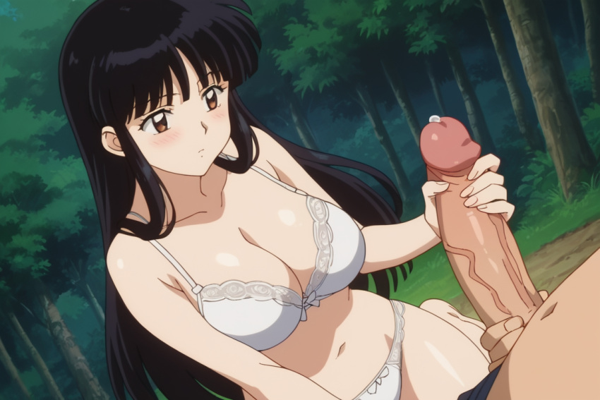 1boy 1girls ai_generated big_penis black_hair blunt_bangs blush bra breasts brown_eyes collarbone dutch_angle feet female forest gastkeser82 handjob hime_cut inuyasha kikyo_(inuyasha) kneeling large_breasts long_hair navel panties pants_open penis penis_awe penis_grab precum sidelocks stomach tree trees underwear vein veiny veiny_penis white_bra white_panties