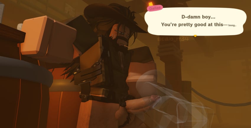 3d bara black_hair blowjob caio_rr34 cowboy english_text gay hairy long_hair long_hair_male pants_down pubic_hair public roblox robloxian self_upload tagme text twitter_username watermark y/n