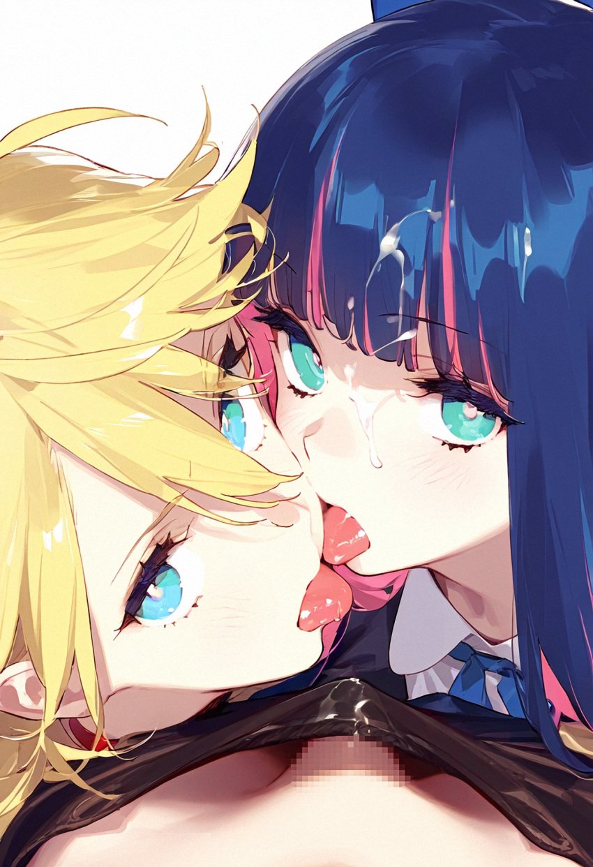 2girls ai_generated blue_eyes censored cum cum_on_clothes cum_on_face cum_swap female ffm_threesome junichoon licking_cum panty_&_stocking_with_garterbelt panty_anarchy stocking_anarchy threesome tongue_out yuri