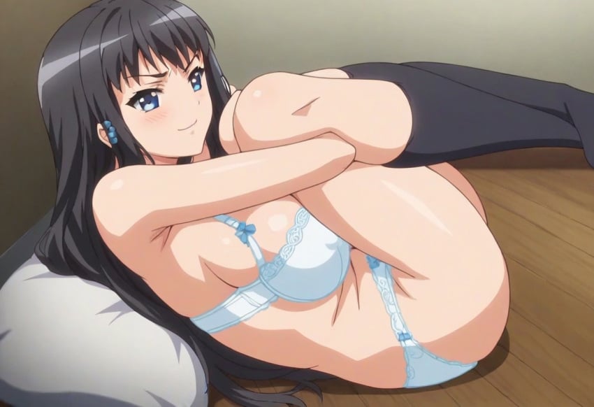 ai_generated black_hair blue_bra blue_eyes blue_panties bra breasts curled_up eroge!_h_mo_game_mo_kaihatsu_zanmai female gastkeser82 himeno_kisara large_breasts legs legs_up long_hair navel panties smile smirk stomach