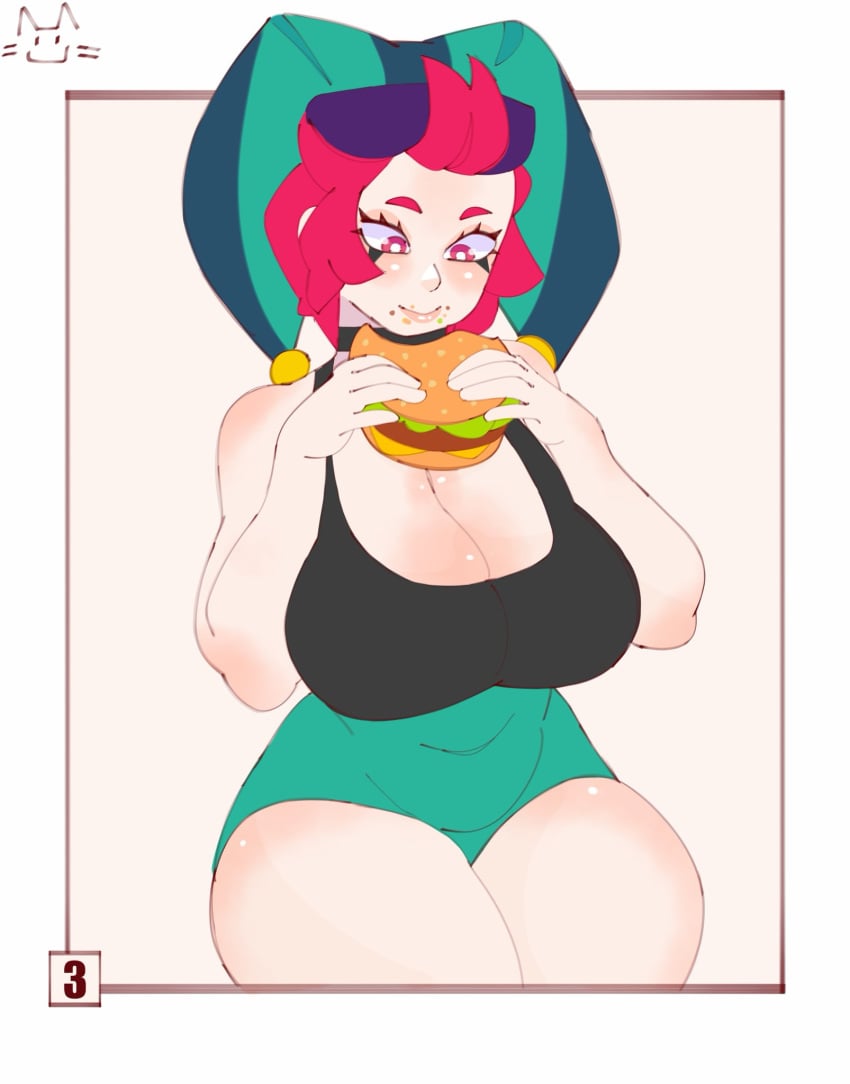 1girls big_breasts big_thighs black_topwear boob_window brawl_stars breasts chester_(brawl_stars) eating eating_burger eating_food female female_focus female_only hat izutsumihr light-skinned_female light_skin noboko_k red_eyes red_hair rule_63 solo solo_female solo_focus thighs topwear