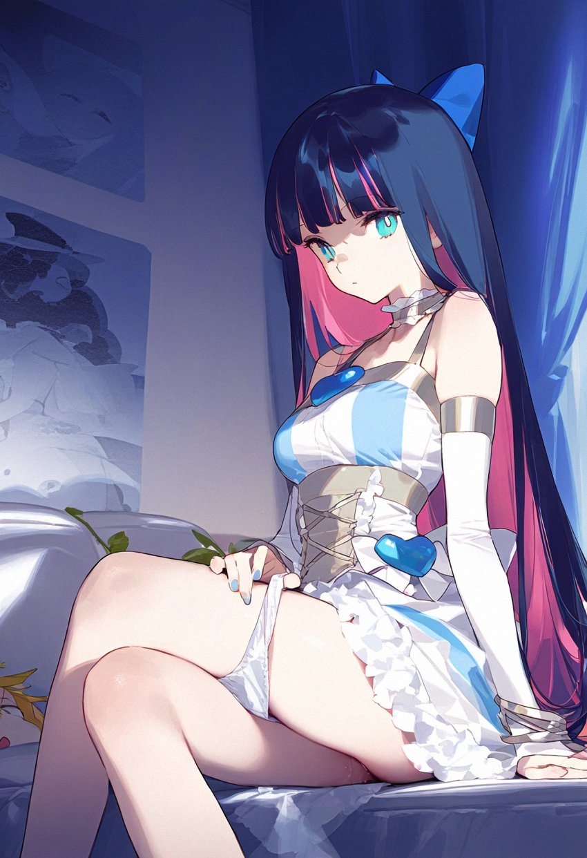 ai_generated blue_eyes blue_hair female junichoon panties_around_one_leg panty_&_stocking_with_garterbelt panty_pull pussy_juice pussy_juice_trail stocking_anarchy