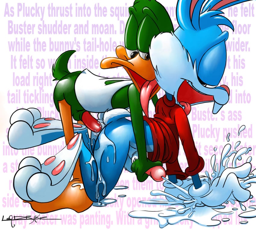 avian balls bird buster_bunny cum cum_everywhere duo hyper hyper_cum lagomorph male mammal messy open_mouth penis plucky_duck rabbit sex tiny_toon_adventures tongue warner_brothers whippytail yaoi young