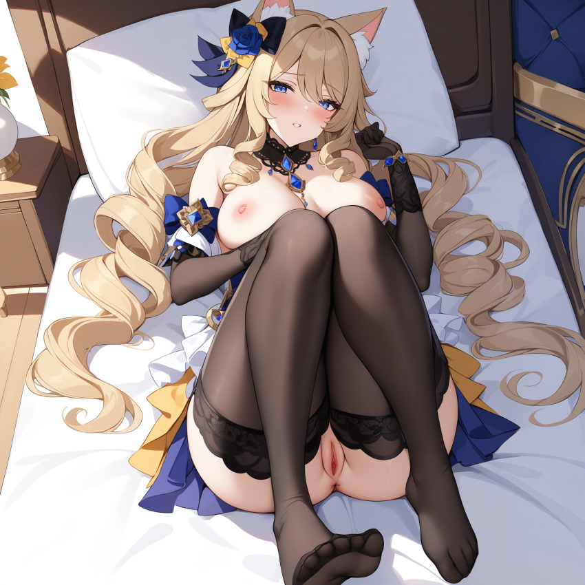 ai_generated bed bedroom cat_ears genshin_impact ministro naked navia_(genshin_impact) stockings tagme