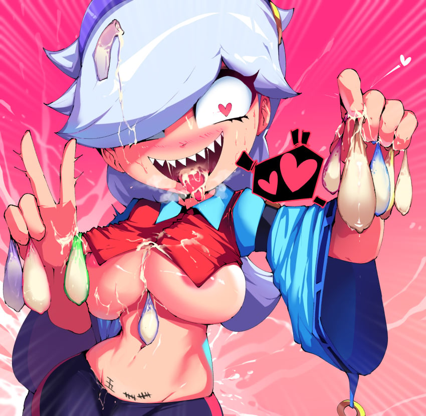 1girl 1girls :d boobs brawl_stars chobonolly colette_(brawl_stars) cum cum_in_mouth cum_on_breasts cum_on_hair cum_on_hand cum_on_hands cum_on_tongue fangs female_only filled_condom filled_condoms full_condom hair_covering_eye heart heart-shaped_pupils heart_symbol no_bra only_female peace_sign sharp_teeth solo solo_female supercell tagme teeth there_i_tagged_it_for_you_lazy_asshole used_condom_in_hair visible_breasts visible_breath visible_nipples white_hair writing_on_body