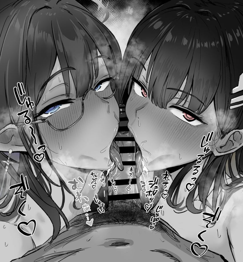 1boy 2girls bar_censor black_hair blue_archive bright_pupils censored collaborative_fellatio cooperative_fellatio earrings fellatio glasses hair_ornament hairpin halo highres jewelry licking licking_penis long_hair looking_at_viewer male_pubic_hair metsu_end monochrome multiple_girls oral penis pointy_ears pov pubic_hair rimless_eyewear rin_(blue_archive) rio_(blue_archive) saliva straight sweat teamwork tongue tongue_out white_pupils