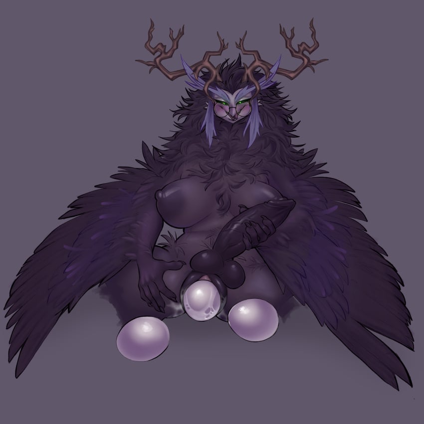 1:1 2024 absurd_res anthro antlers areola avian balls beak big_areola big_breasts big_penis black_areola black_balls black_body black_claws black_feathers black_nipples black_penis black_pussy black_sclera blush bodily_fluids breasts brown_antlers claws clip_studio_paint_(artwork) colored coolranchdoritoes_(artist) digital_drawing_(artwork) digital_media_(artwork) dungeons_and_dragons egg egg_from_pussy erection eyewear feathered_wings feathers finger_claws genital_fluids genitals glasses green_eyes grey_background grey_beak grey_body grey_feathers hasbro herm herm_anthro hi_res holding_own_penis holding_penis horn humanoid_hands intersex intersex_anthro iridescent_feathers kipine_(species) narrowed_eyes nipples nude open_beak open_mouth oviposition owlbear penis purple_blush pussy round_glasses simple_background sitting smile solo stretched_pussy vaginal_fluids vaginal_oviposition wearing_glasses winged_arms wings wizards_of_the_coast