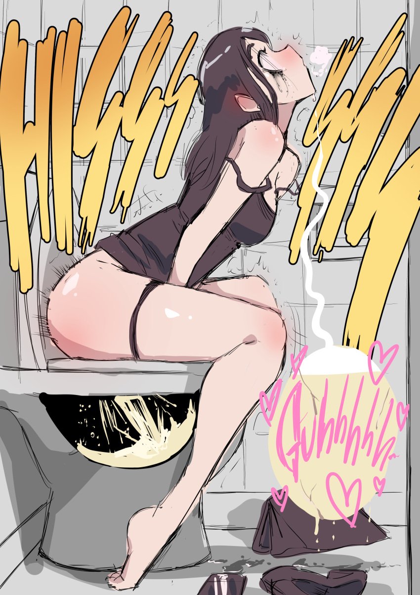 1girls absurdres barefoot bathroom biku black_dress black_panties blush breasts breath brown_footwear brown_hair brown_panties brown_shirt brown_skirt cellphone dress dress_lift dress_strap_down dress_straps heart highres long_hair looking_up makeup_running medium_breasts original original_character panties panty_pull peeing phone puddle relief shirt shoes shoes_removed sitting skirt smartphone speech_bubble strap_slip tank_top tears toilet toilet_use trembling underwear unworn_shoes unworn_skirt urine_meter x-ray