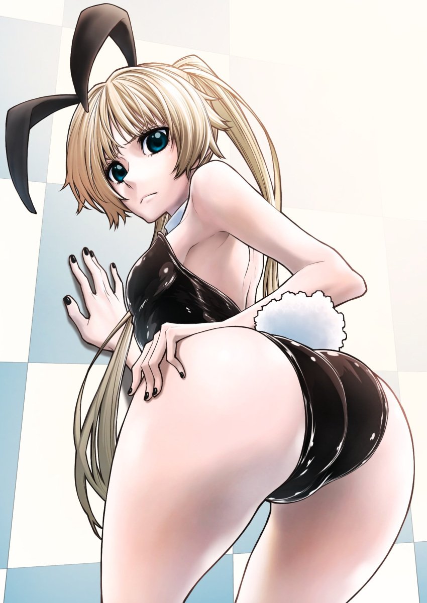 angelica_diarmuit ass blonde_hair blue_background blue_eyes blush closed_mouth female hand_up highres leotard long_hair looking_at_viewer looking_back nail_polish ogino_ken playboy_bunny rabbit_ears rabbit_tail shinmai_ossan_bokensha shinmai_ossan_boukensha,_saikyou_party_ni_shinu_hodo_kitaerarete_muteki_ni_naru. solo very_long_hair white_background