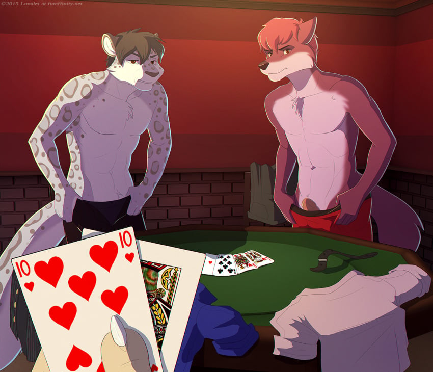 2015 adrian anthro canine card clothed clothing embarrassed erection feline furry furry_only group half-dressed humanoid_penis leopard looking_at_viewer lunalei male male_focus mammal penis playing_card poker poker_table royal_flush snow_leopard standing strip_poker topless underwear undressing wolf