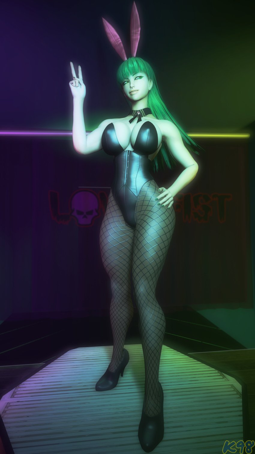 3d breasts bunny_ears bunnysuit club darkstalkers eyeshadow fishnets kevhon leotard morrigan_aensland nail_polish solo solo_female source_filmmaker succubus