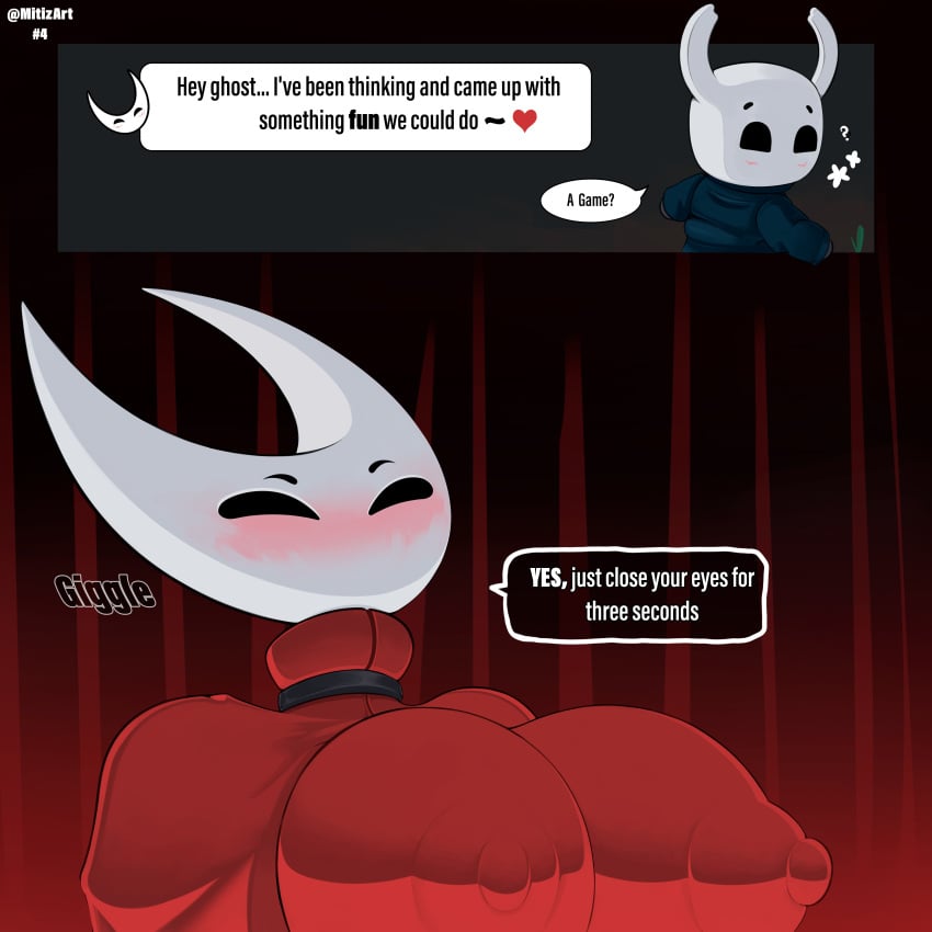 1boy 1boy1girl 1girls big_breasts blush breasts hollow_knight hornet_(hollow_knight) mitiz-art smaller_male taller_girl the_knight_(hollow_knight)