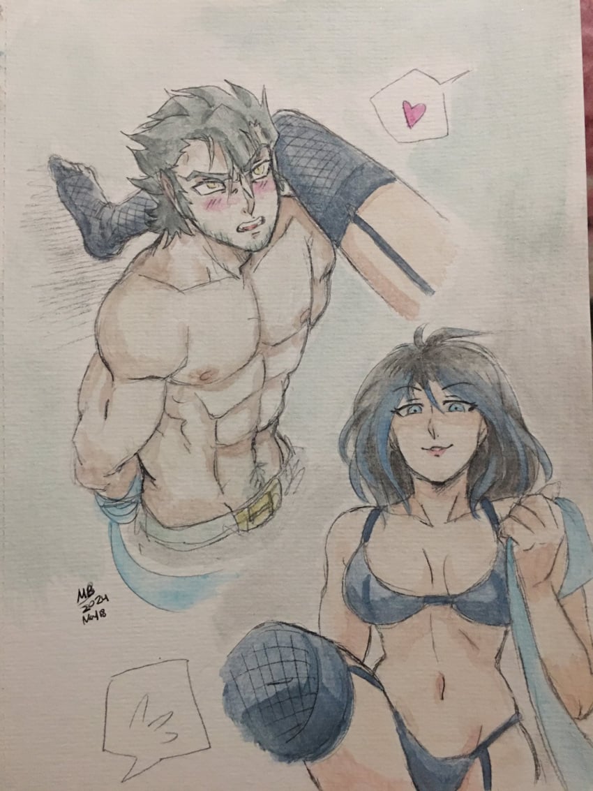 1boy 1girls black_hair blue_bra blue_panties blue_streak colored_pencil_(artwork) dominant_female female fishnets hands_behind_back hands_tied hands_tied_behind_back happy_trail humanization humanized leg_on_shoulder looking_at_another looking_down looking_up male muscular_male navel oc oc_x_canon original_character steeljaw traditional_media_(artwork) transformers yellow_eyes