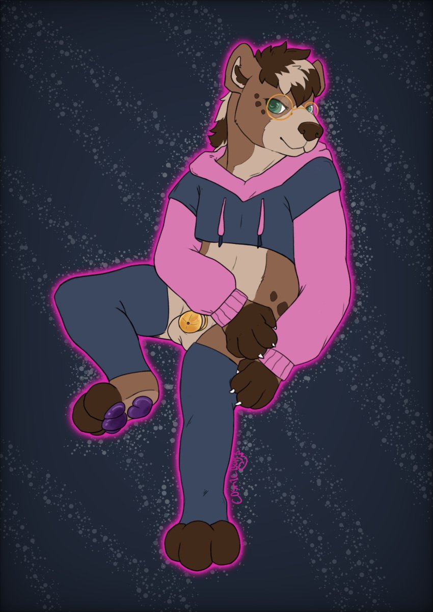 absurd_res anthro chastity_cage chastity_device cosmicfluff femboy hi_res hyena incorrectly_drawn_chastity_cage male mammal solo submissive submissive_male